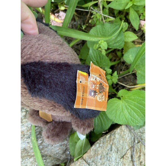 VTG Toms Toy Big Head Dog Plush Brown Black 10 inch Orange Bow Tag is creased - Picture 2 of 4